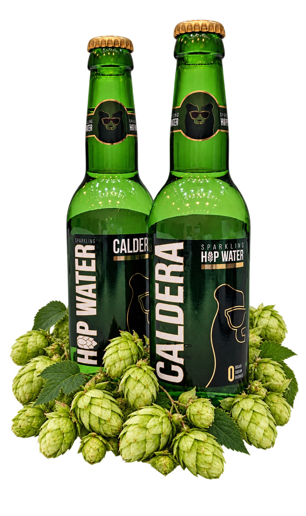 Caldera Sparkling Hop Water, Original and Zero, with fresh whole hop cones
